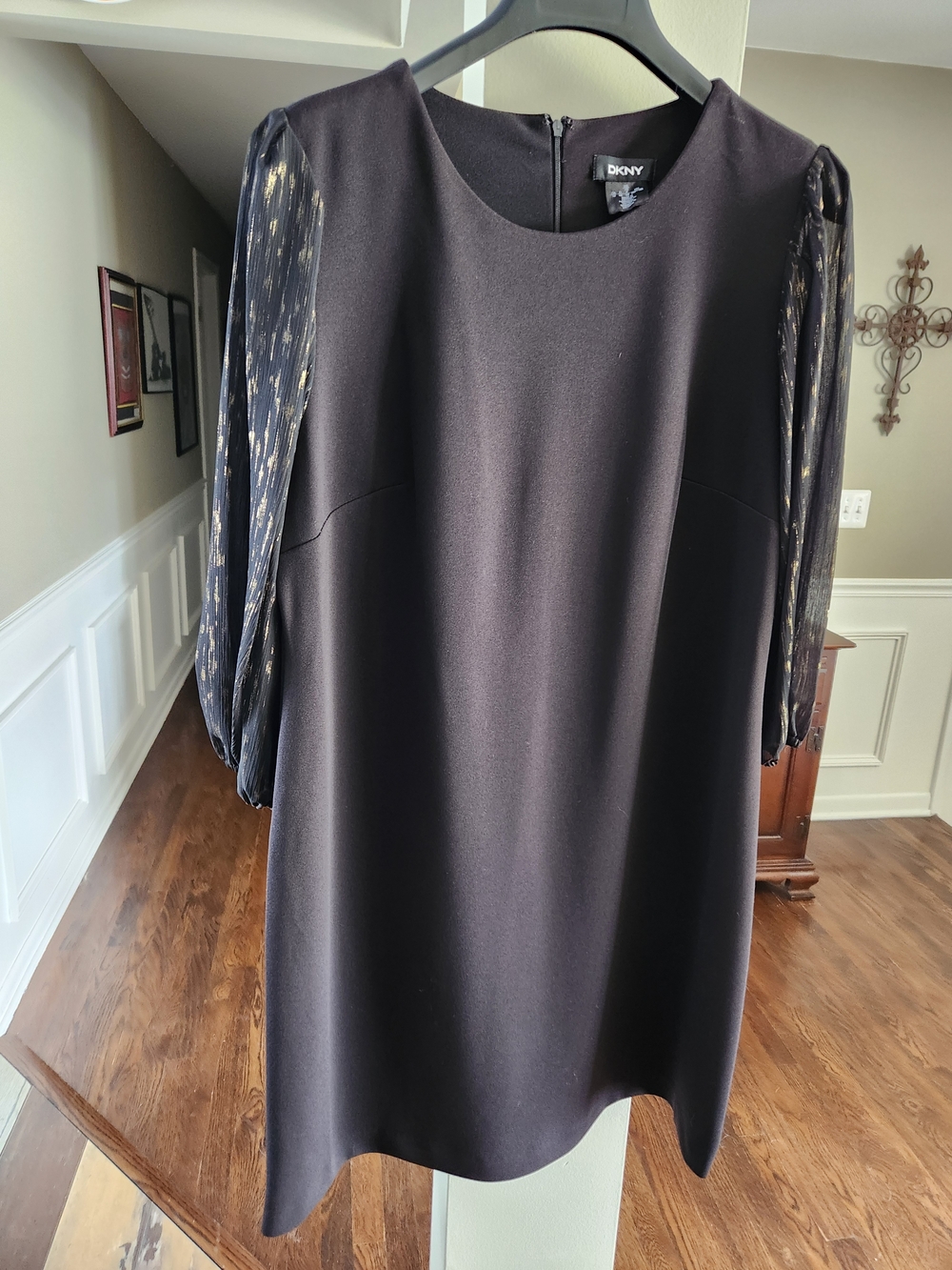 DKNY Black Shift Dress with Metallic-Thread Sheer Sleeves